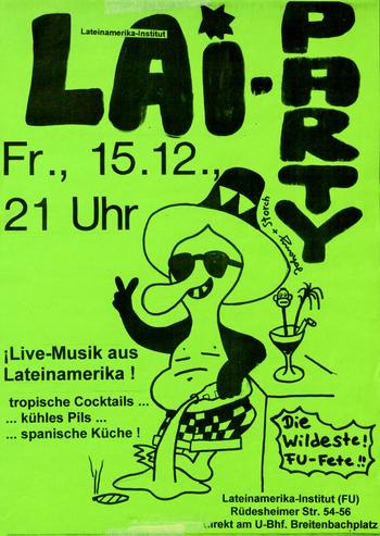 Veranstaltungsplakat und Einladung zur wildesten Fete der Freien Universität Berlin in den 1990er-Jahren.