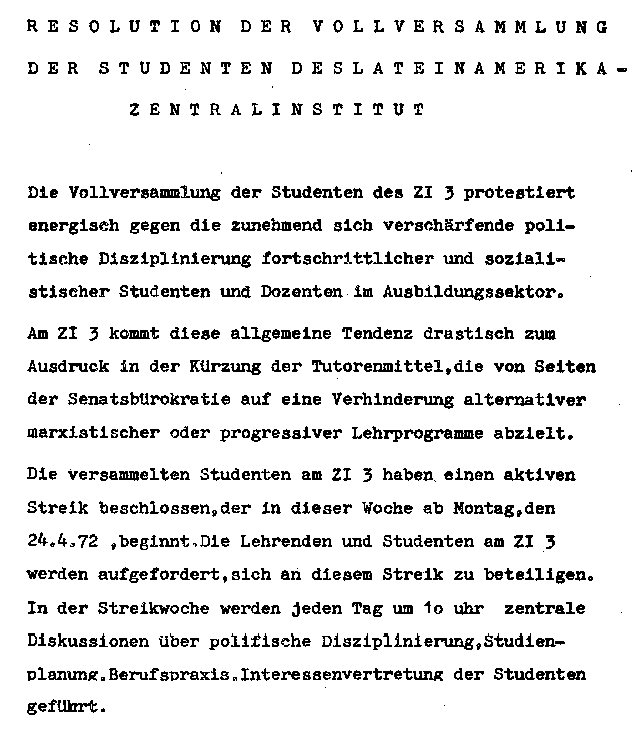 Auszug aus der Resolution der Vollversammlung der Studierenden vom April 1972.