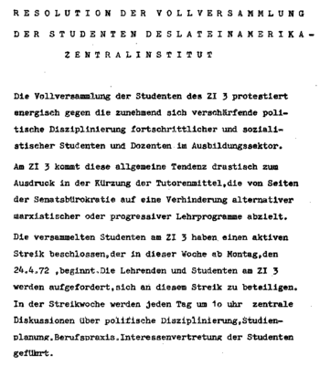 Auszug aus der Resolution der Vollversammlung der Studierenden vom April 1972.