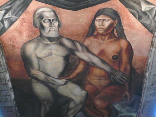 Hernán Cortéz und Malinche, Wandmalerei von José Clemente Orozco, 1926 Escuela Nacional Preparatoria de México, Mexiko Stadt