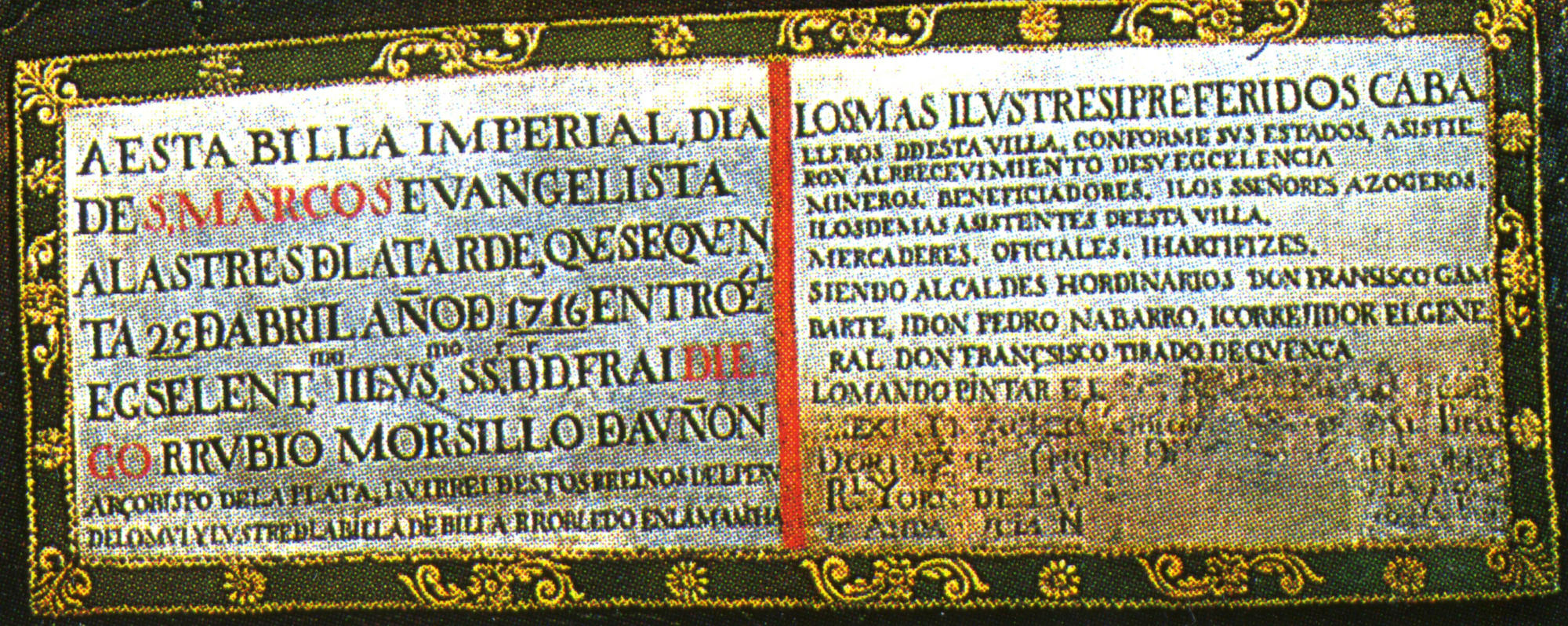 Einzug von Vizekönig Morcillo in Potosí Inschrift