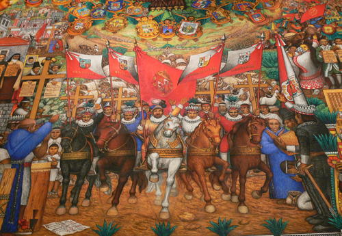 Invasion der Spanier in Tlaxcala, Wandgemälde im Regierungspalast von Tlaxcala Stadt, Mexiko