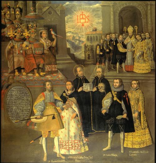 Hochzeit von Loyola und der Nusta Beatriz. Anonymer Künstler aus Cuzco, Peru, 1718, Öl auf Leinwand mit Goldapplikationen, 1,74 x 1,67m