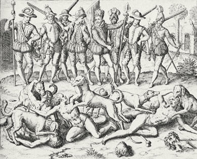 Konquistadoren werfen Indigene den Hunden vor Stich von de Bry, 1594