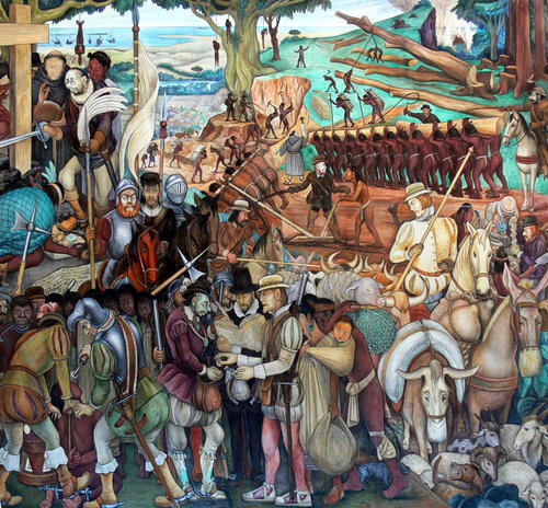 Misshandlung der indígenas durch die Spanier Wandmalerei von Diego Rivera, Nationalpalast Mexiko Stadt