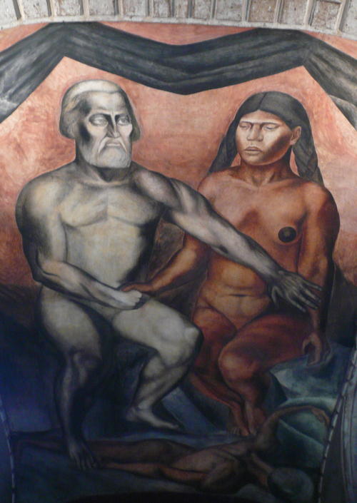 Hernán Cortéz und Malintzin treten auf die indigene Rasse Wandmalerei von José Clemente Orozco, 1926 Escuela Nacional Preparatoria de México, Mexiko Stadt