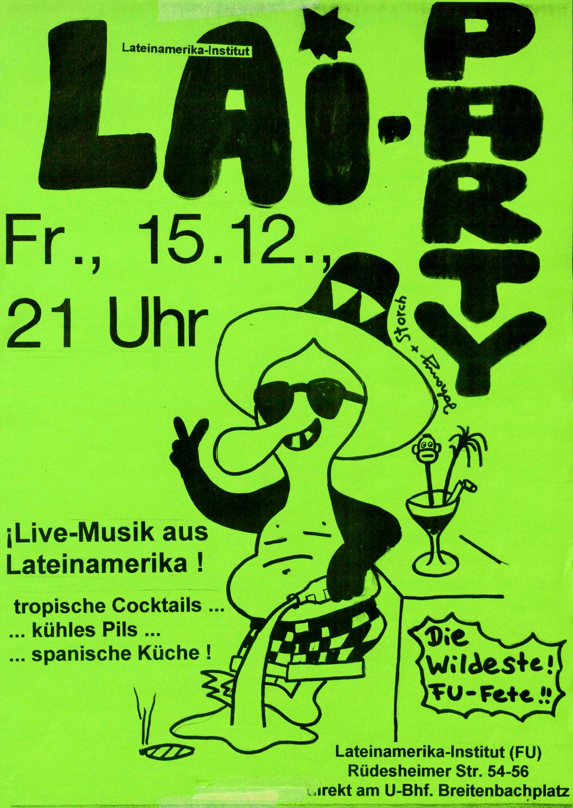 Cartel del evento e invitación a la fiesta más salvaje de la Freie Universität de Berlín en los años 90.